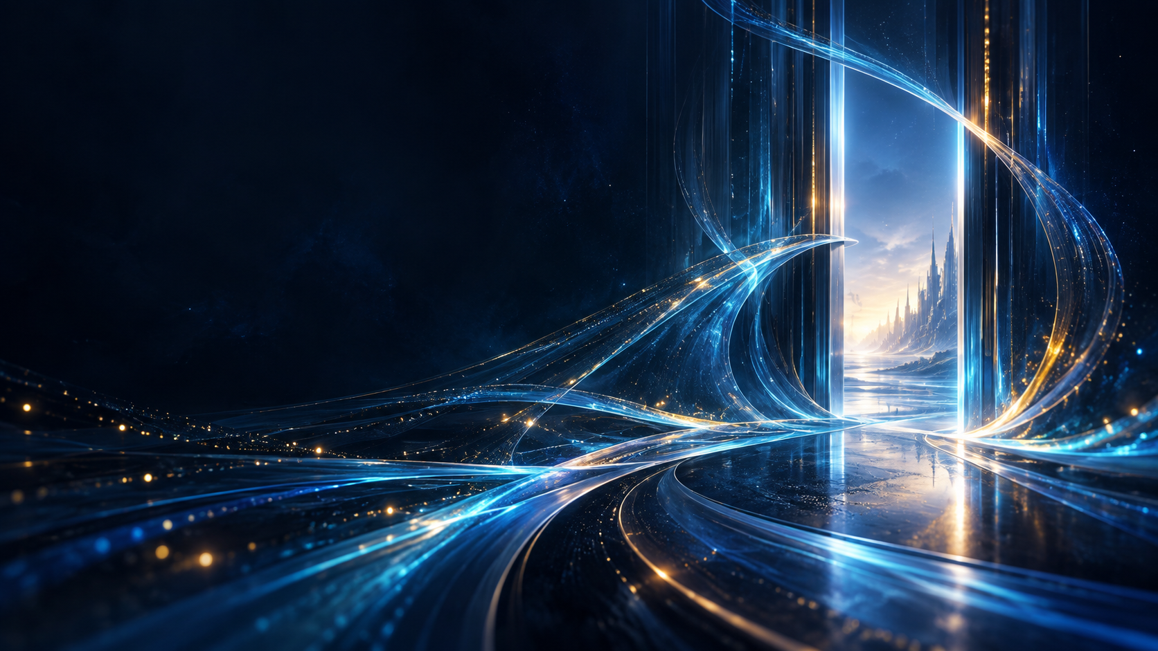 Abstract blue and gold light trails leading through a luminous portal.